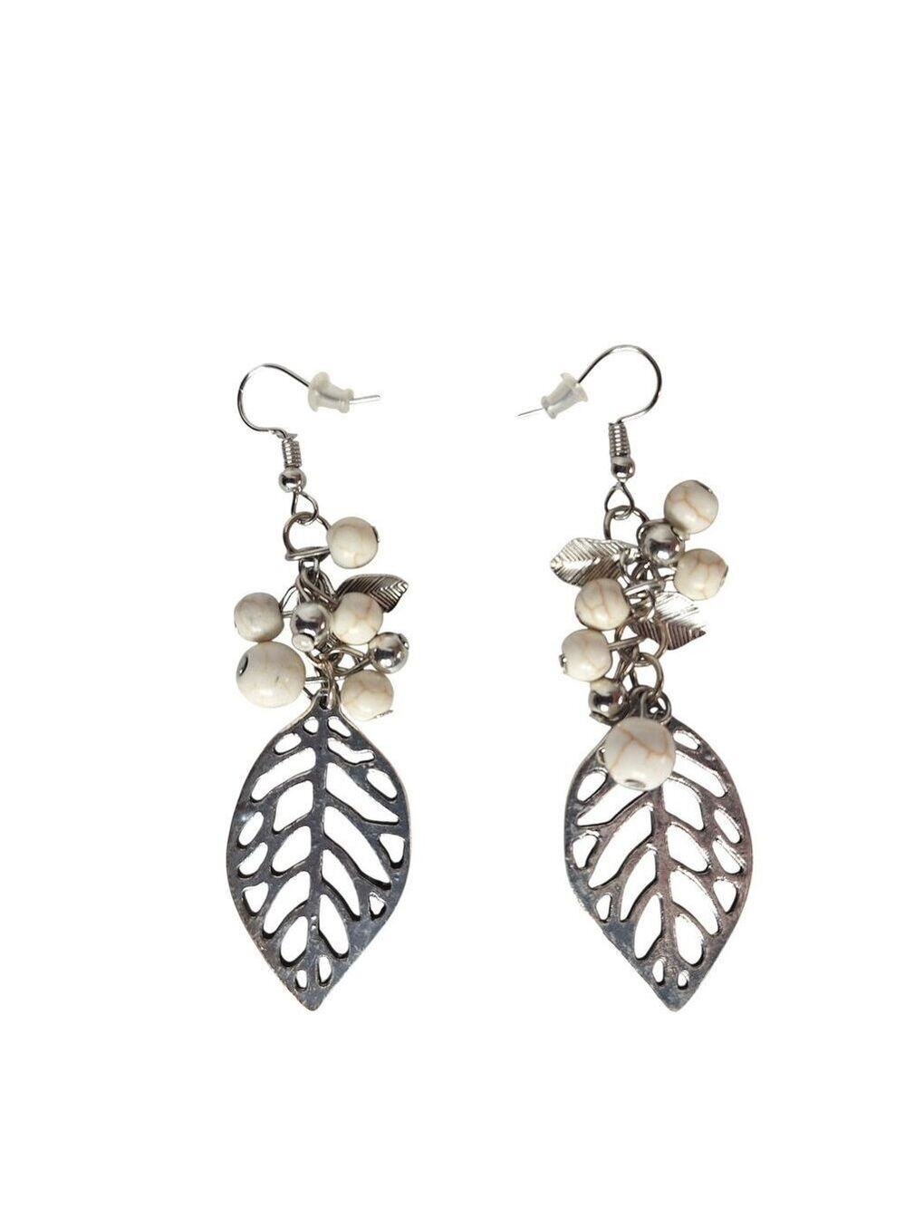 Silver Leaf Dangle Earrings White Marble Boho Western